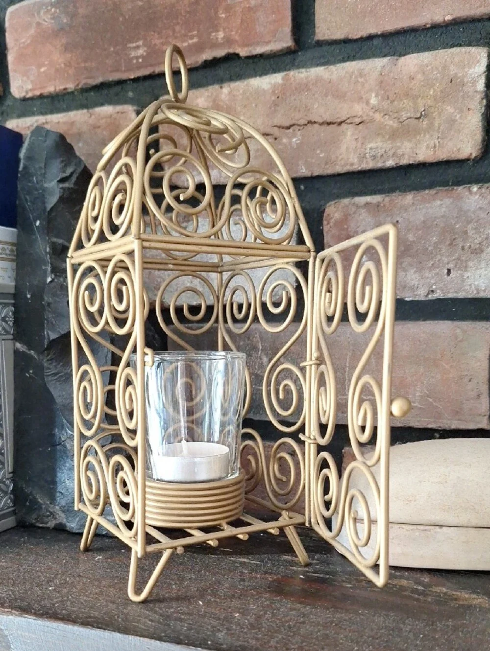 Gold Scrollwork Metal Lantern Candle Holder